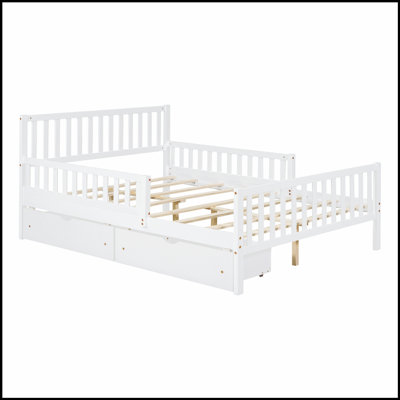 Wood Platform Bed with Guardrails and Two Storage Drawers, Perfect for Safe and Organized Sleeping Space