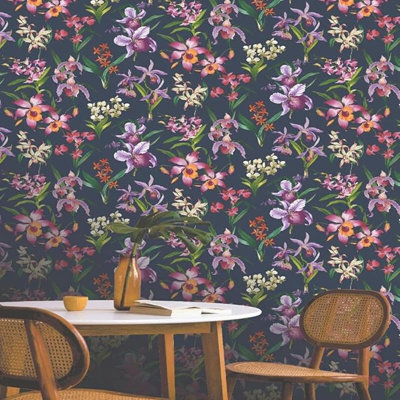 Berg Floral Orchid Exotic Tropical Leaves Navy 10m x 53cm Wallpaper Roll