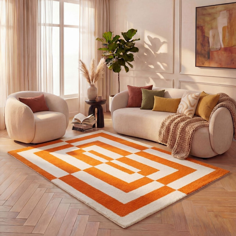 Joli Geometric Area Rug Soft Dense Pile for Living Rooms and Bedrooms, Orange/White, Rectangle 80 x 150 cm