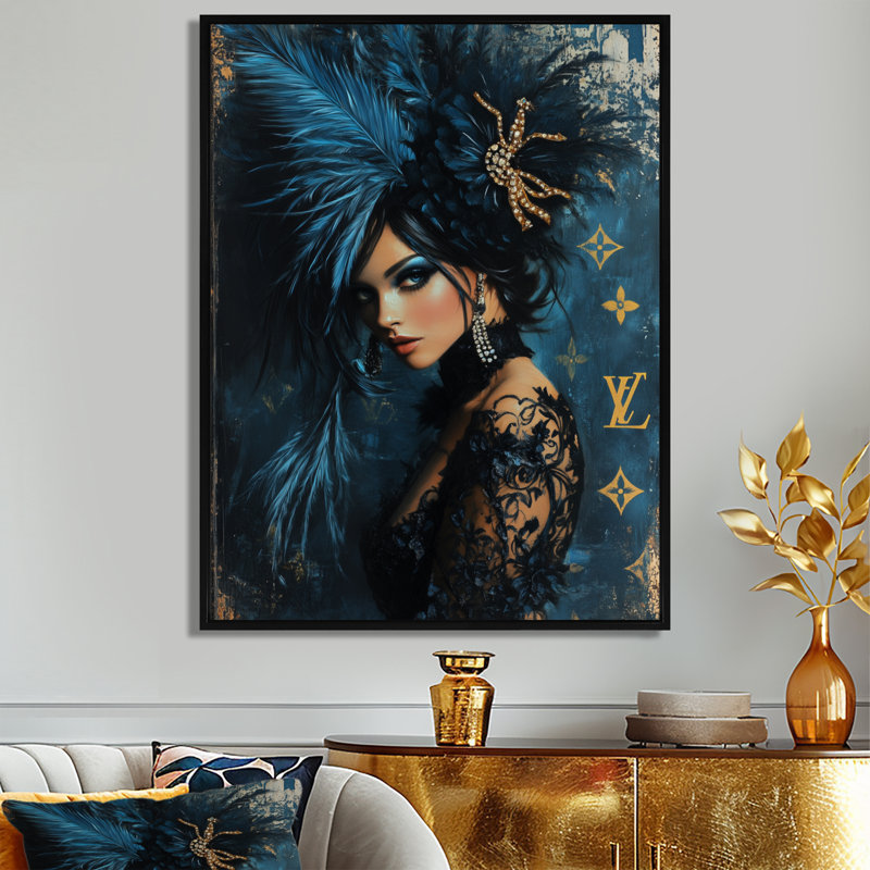 «Always Match Your Make Up To Your Feathers» - art mural femme cabaret, Cadre flottant noir, H 32 po x l 24 po