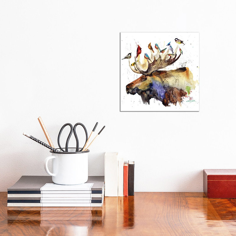 «Moose and Birds» par Dean Crouser - reproduction d'art, H 12 po x l 12 po x P 0,75 po, Toile tendue, Pas de tapis