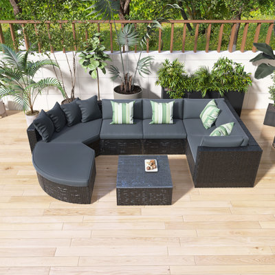 7-Piece Outdoor Wicker Sofa Set, Rattan Sofa Lounger With Colorful Pillows, Conversation Sofa, Gray Wicker For Patio, Garden, Deck