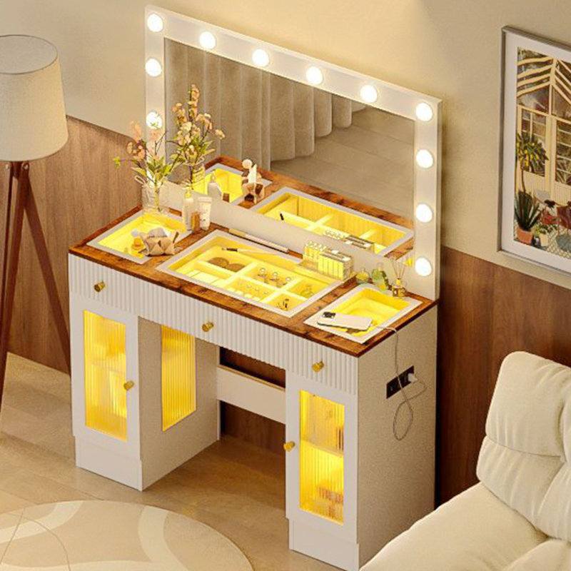Grande coiffeuse de 43,3 po, coiffeuse avec grand miroir et lumières 3 couleurs, coiffeuse à maquillage en verre avec armoires RVB et prise de courant pour la chambre à coucher, blanc