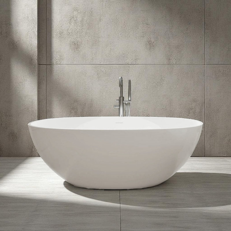 KISRAIS 65"x30" Matte White Solid Surface Freestanding Soaking Bathtub, Glossy White