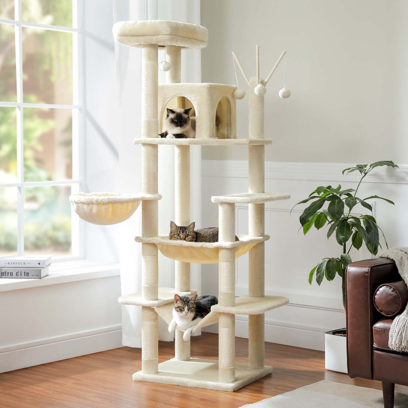 69" Tall Cat Tree Large Cat Tower With Super Big Hammock, Scratching Posts, Condo House And Large Top Perch, Beige