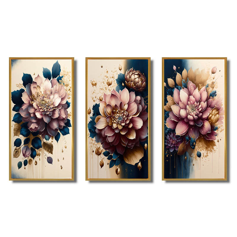 «Deep Pink Dahlia Floral Design», 3 pièces, Or, H 40 po x l 60 po