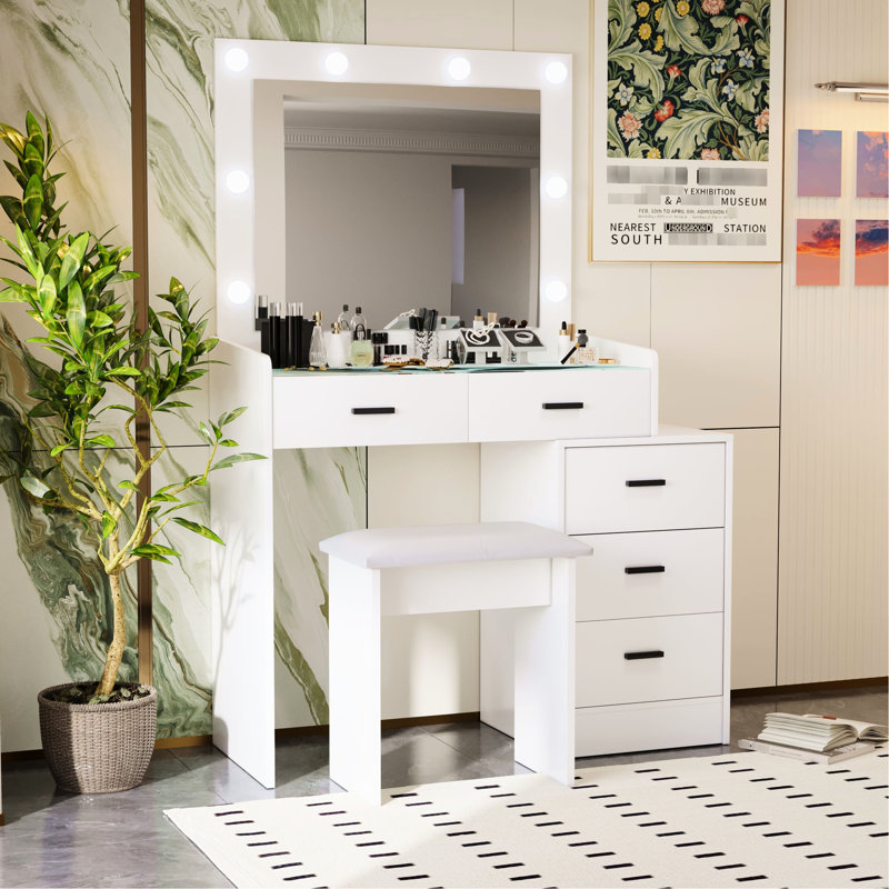 Coiffeuse blanche avec tiroirs de rangement supplémentaires et lumières DEL intégrées