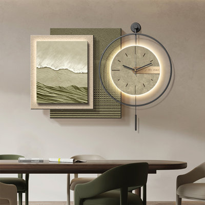 Green With Beige Abstract Mountain Art with LED Pendulum Wall Clocks