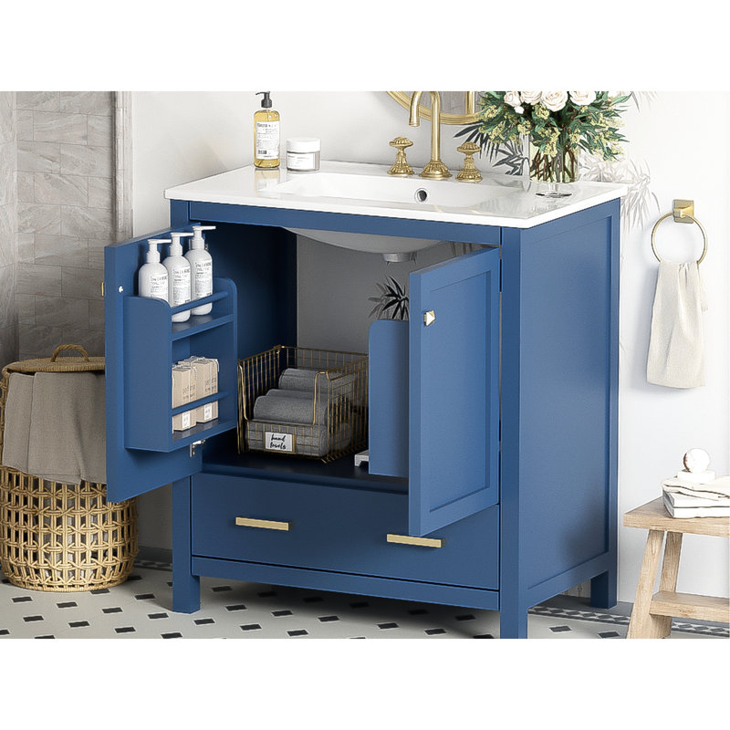 Armoire de rangement de salle de bain bleue 30 po. Lavabo en bois massif et en céramique. Portes, meuble-lavabo contemporain. Structure, surface. Lavabo simple avec options. Charnières, style