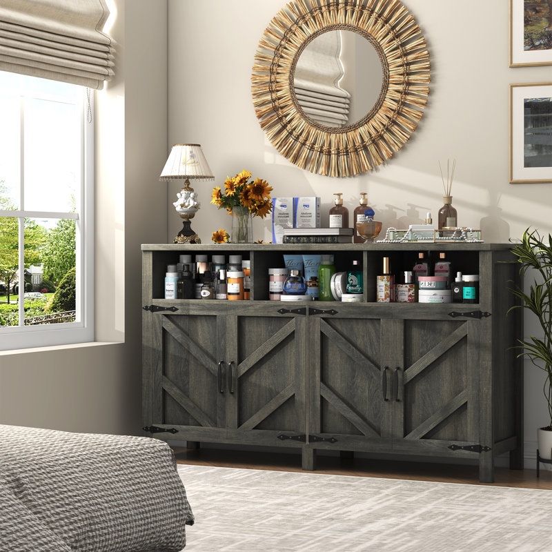 55" Large Buffet Sideboard with 4 Doors, Farmhouse Kitchen Storage Cabinet with Adjustable Shelves, Wooden Cabinet Sideboard and Coffee Bar Cabinet Table for Dining Room, Entryway, Dark Grey