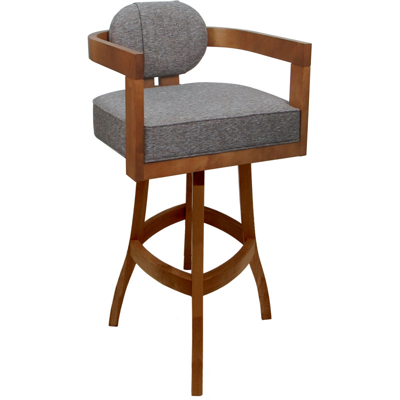 Tabouret de bar pivotant en bois Camili sur base en S, Honey, Siège en mélange de polyester gris / structure n