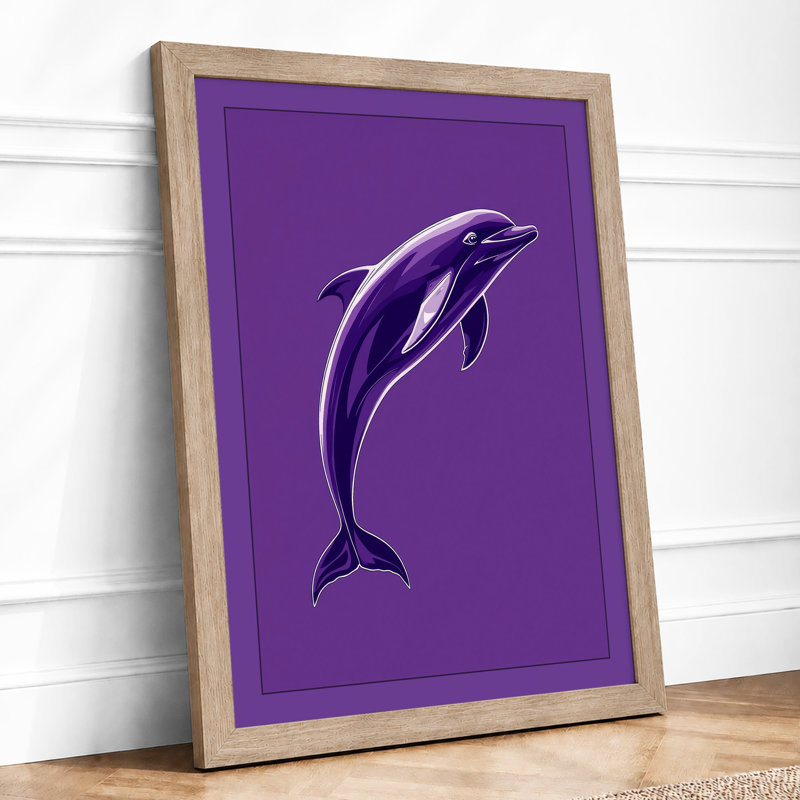 Leaping Dolphin Minimalist - Framed Print, A2 - 59.4 x 42.0 cm, Oak