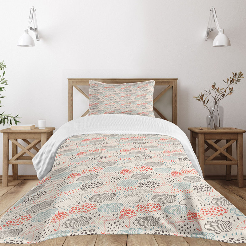 White and Multicolor Quilted Twin Bedspread Set with Pillow Sham