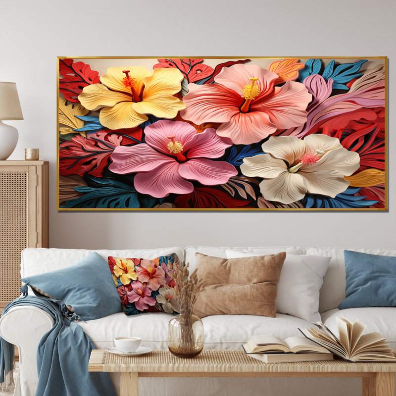 Hibiscus coloré, fleurs, harmonie florale I - Hibiscus, art mural, Cadre flottant doré, H 28 po x l 60 po x P 1,5 po