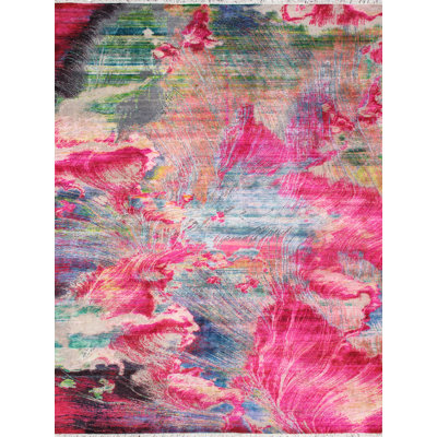 Modern Hand-Knotted Abstract Sari Silk & Wool Area Rug