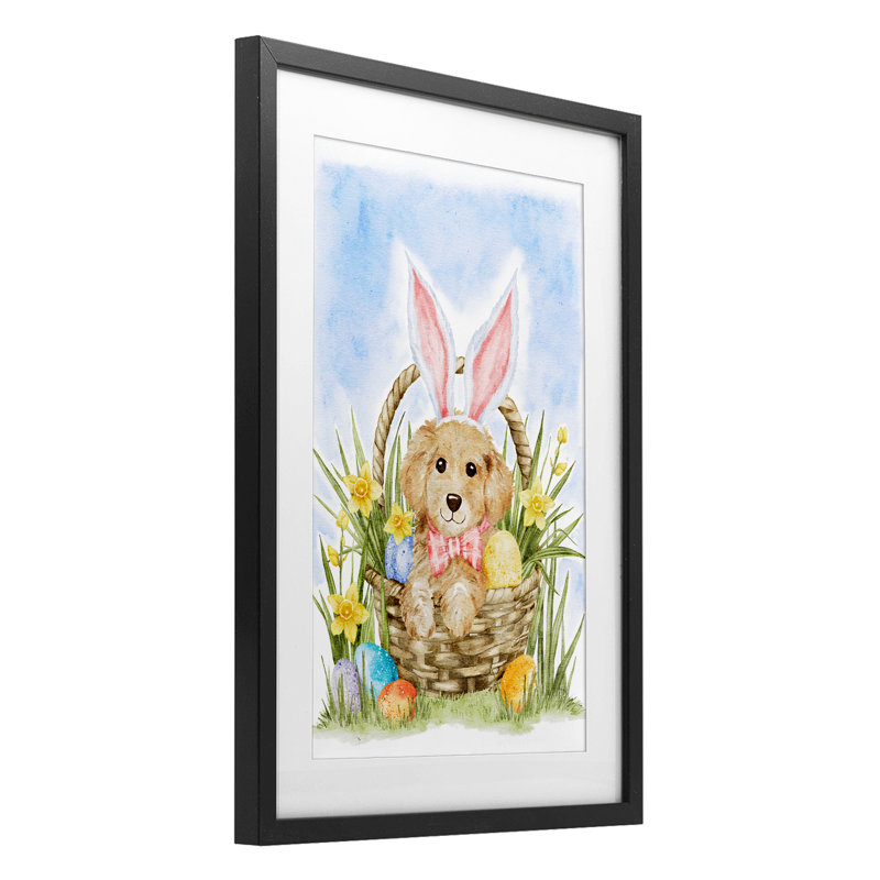 Printemps, Pâques, chiot, reproduction encadrée sous verre, conception par Amy Hall, H 23 po x l 17 po, Cadre noir minuit