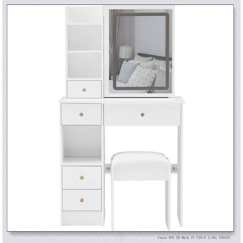 Compact 29.2-Inch Vanity Table With Sliding Drawer, Touch-Control LED Mirror, And Padded Stool For Small Spaces, White