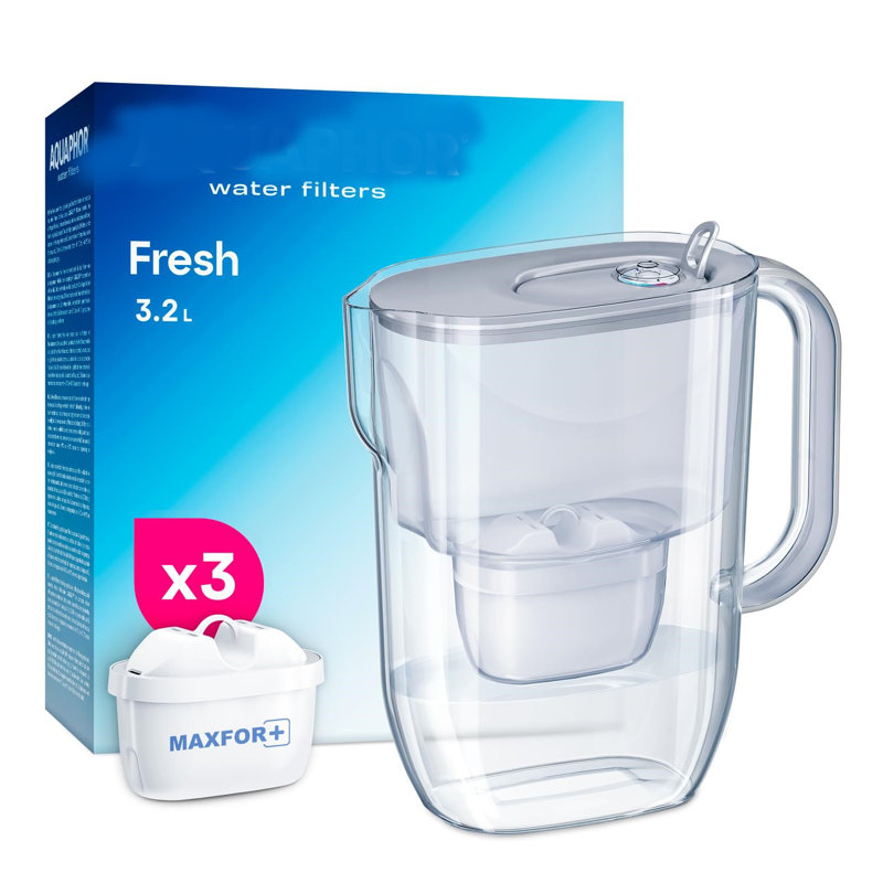 Fresh Water Filter Jug (Grey) 3.2L Fridge fitting design with easy fill lid BPA free Inc 3 x Maxfor+ high performance cartridge reducing microplastics and PFAS for better tasting water