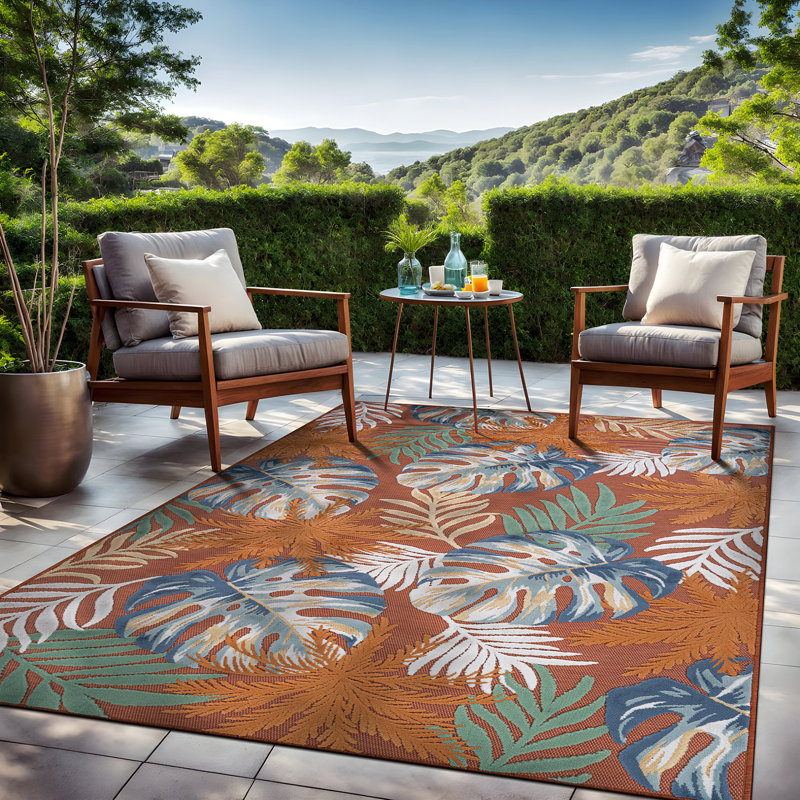 Tapis floral d'intérieur pour l'extérieur, Orange, Rectangle de 10 pi x 14 pi