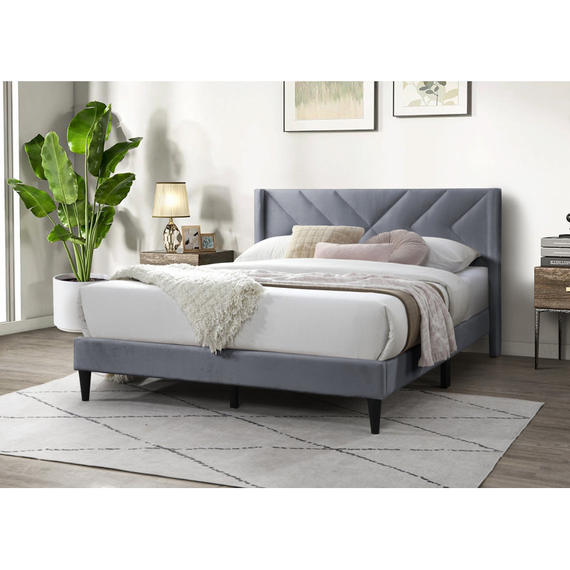 Cadre de lit 1pc élégant avec lit en tissu d'ameublement en velours gris moderne, Gris