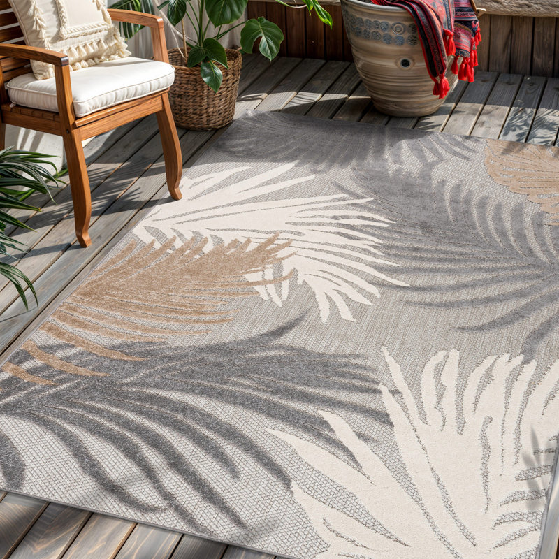 Tapis d'intérieur et d'extérieur à motif floral Hernandez, Beige / blanc / gris, Rectangle 3 pi 3 po x 5 pi