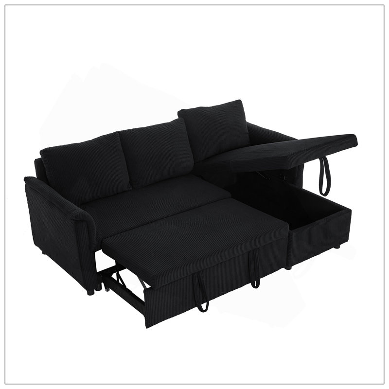 Canapé-causeuse avec méridienne et canapé-lit modulaire en L avec méridienne et rangement, Noir