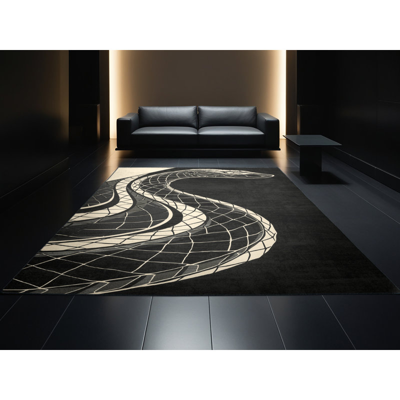 Tapis à motif géométrique moderne et élégant lavable à la machine brun et noir Oryn Basilisk, 5 x 8