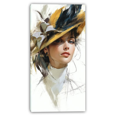 Elegant Woman in Yellow Hat Wrapped Canvas Wall Art