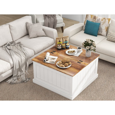 White Rustic Coffee Table, 31.5" Square With Lift Top. Living Room Table Hidden Storage Compartment. Textured Wood Grain Polishing. Lifting Appliance.