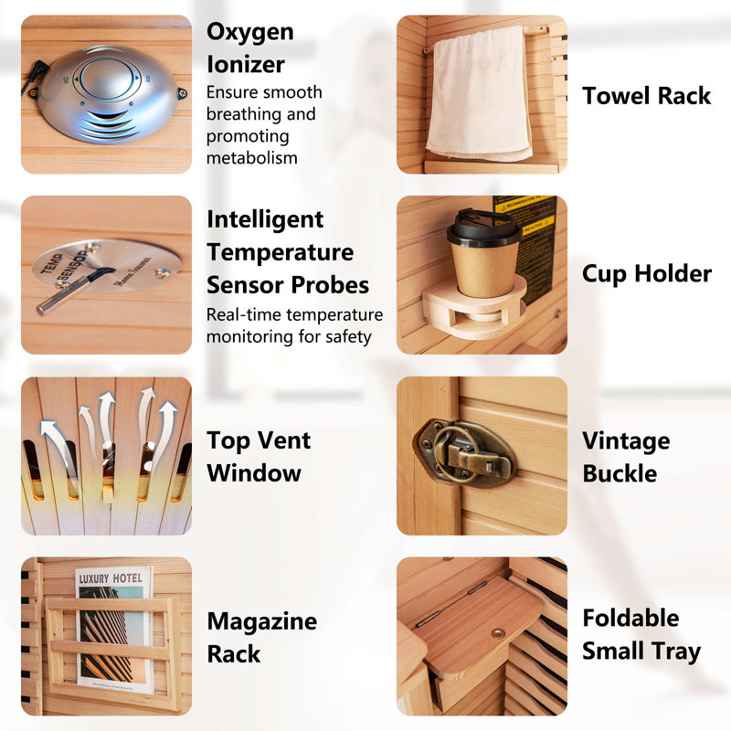 Costway 2 People Far Infrared Wooden Sauna Room With Bluetooth Speakers 4 Light Strips Free Red Light Therapy