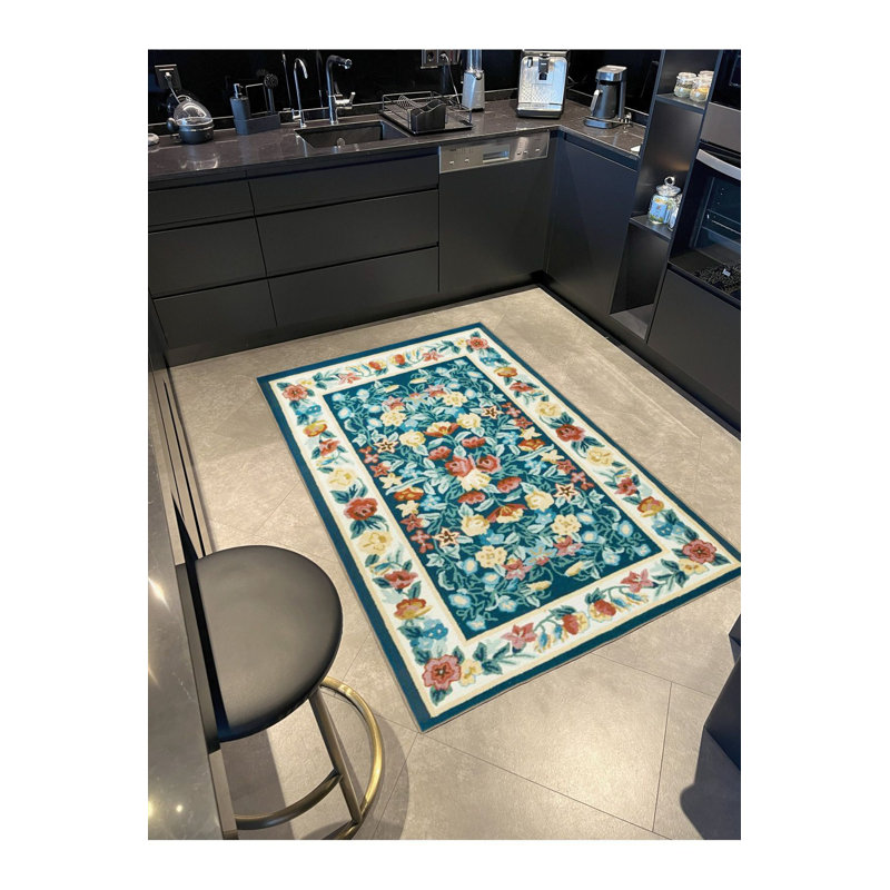 Tapis décoratif bleu à motif floral lavable à la machine, Tapis de couloir 3 pi 3 po x 9 pi 10 po