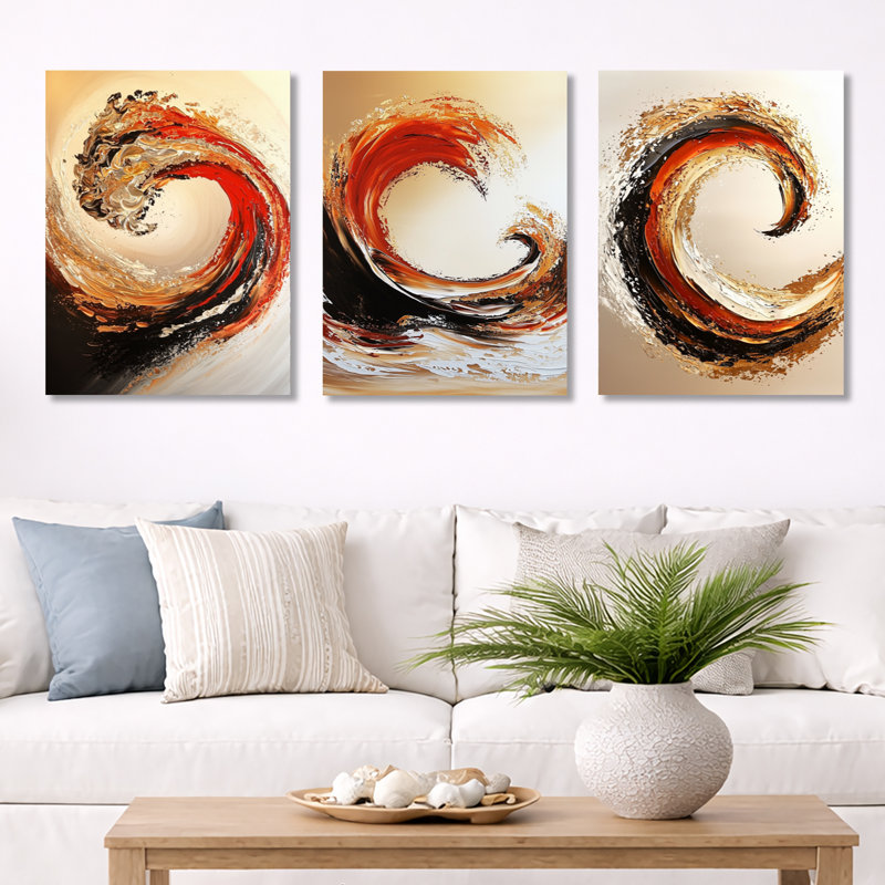 Golden and Red Coastal Waves - Beach, ensemble de 3 impressions sur métal, H 32 po x l 72 po