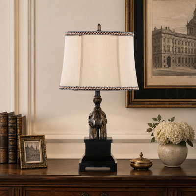 Set of 2 27" Polyresin Table Lamps with Bronze Polyresin and Natural Linen Soft Back Shade