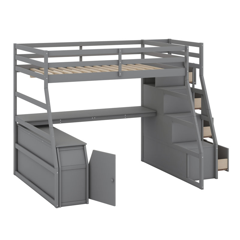 Lit mezzanine simple avec tiroirs Jeffree Kids, gris, Full