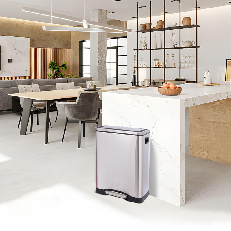 Poubelle à double compartiment 2 x 4 gallons en acier inoxydable avec couvercle à fermeture douce et pédale pour cuisine