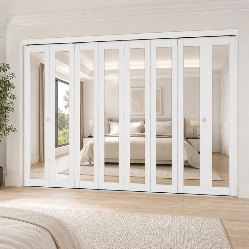 Porte de garde-robe pliante coulissante flexible, porte pliante en miroir blanche à 4 panneaux avec conception à double ouverture rabattable et système à double rail