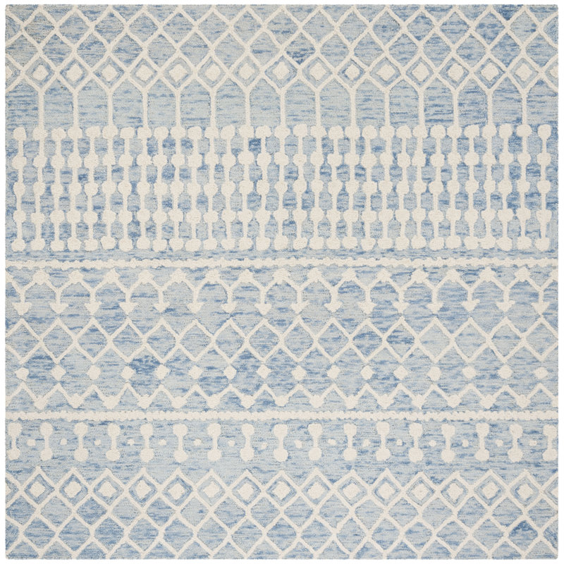 Jeannine Handwoven Flatweave Wool Blue/Ivory Geometric Area Rug, Square 6'