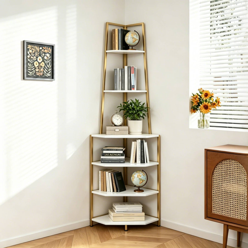 Pursel 68.5'' Tall 5 Tier Corner Bookcase 6 Tier Triangle Design Storage Bookcase Corner Shelf, White/Gold