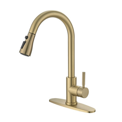 Nickel Gold Kitchen Tap With Deck Plate And Pull-Out , Single Handle, 360 Swirling Shower Spray, Ceramic Filler, Stainless Steel, Classic Faucets Faucet Pull Out Single-Handled, Turning Spray