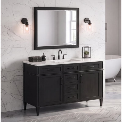 Meuble-lavabo autoportant de 48 pouces avec comptoir en composite, 4 tiroirs, 2 portes et tablettes réglables, noir