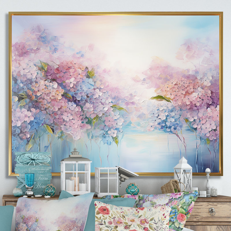 Hortensia bleue et rose Solitude dans la nature - décoration murale champ de fleurs, Cadre flottant doré