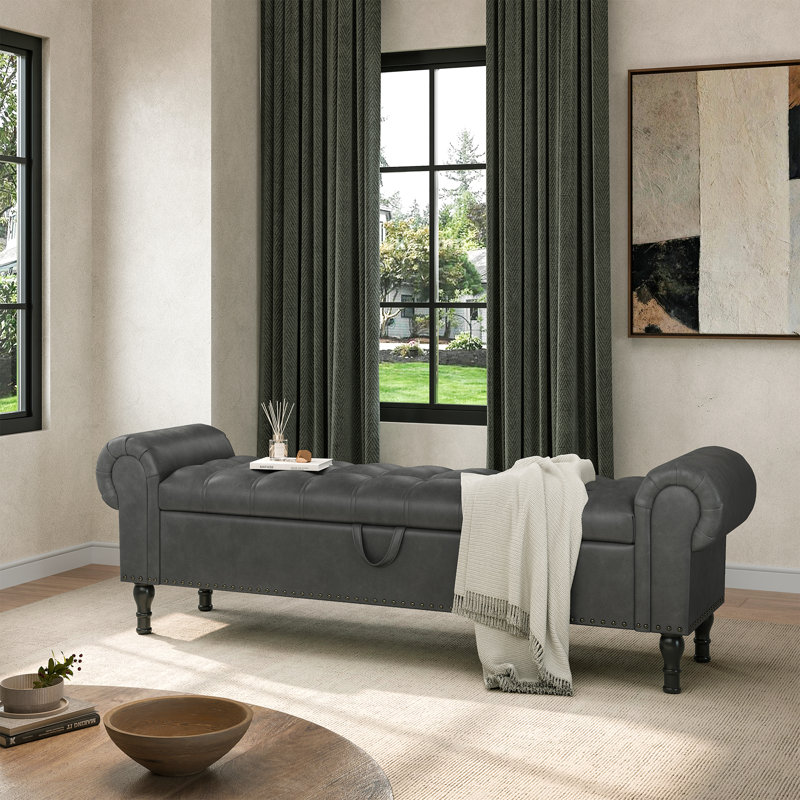 Banc de rangement en similicuir de 60 po et 67 po avec siège capitonné et accoudoirs roulés - parfait pour les chambres à coucher et les espaces polyvalents