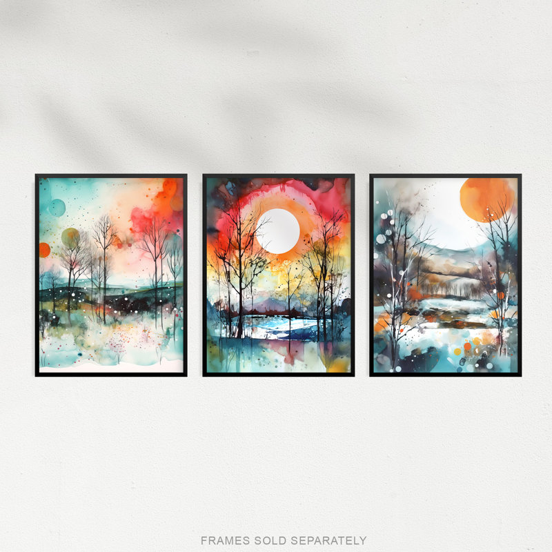 Winter Countryside Landscape Sun Moon - 3 Piece No Frame Print Set, 40.5cm H x 30.5cm W x 0.3cm D