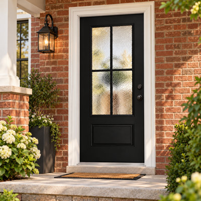 36" x 80" Black Fiberglass Entry Door with 4-Lite Textured Low-E Glass, White Vinyl Frame, Left-Hand Inswing