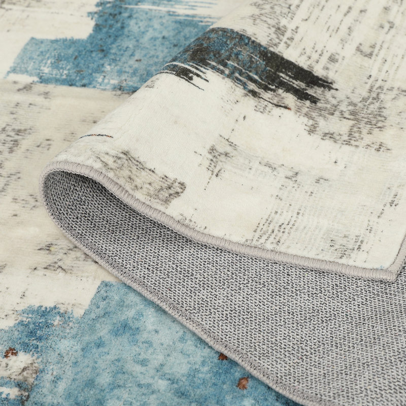 Rececca Abstract Beige Blue Area Rug, Stain Resistant Washable Floor Mat, Rectangle 8' x 10'