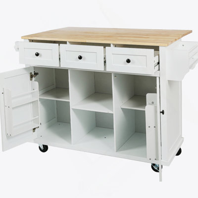 Kitchen Cart With Rubber Wood Drop-Leaf Countertop, Cabinet Door Internal Storage Racks
