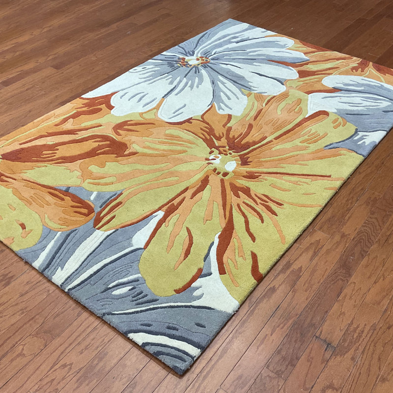 Tapis gris / orange en laine touffeté à la main, Rectangle 5 pi x 8 pi