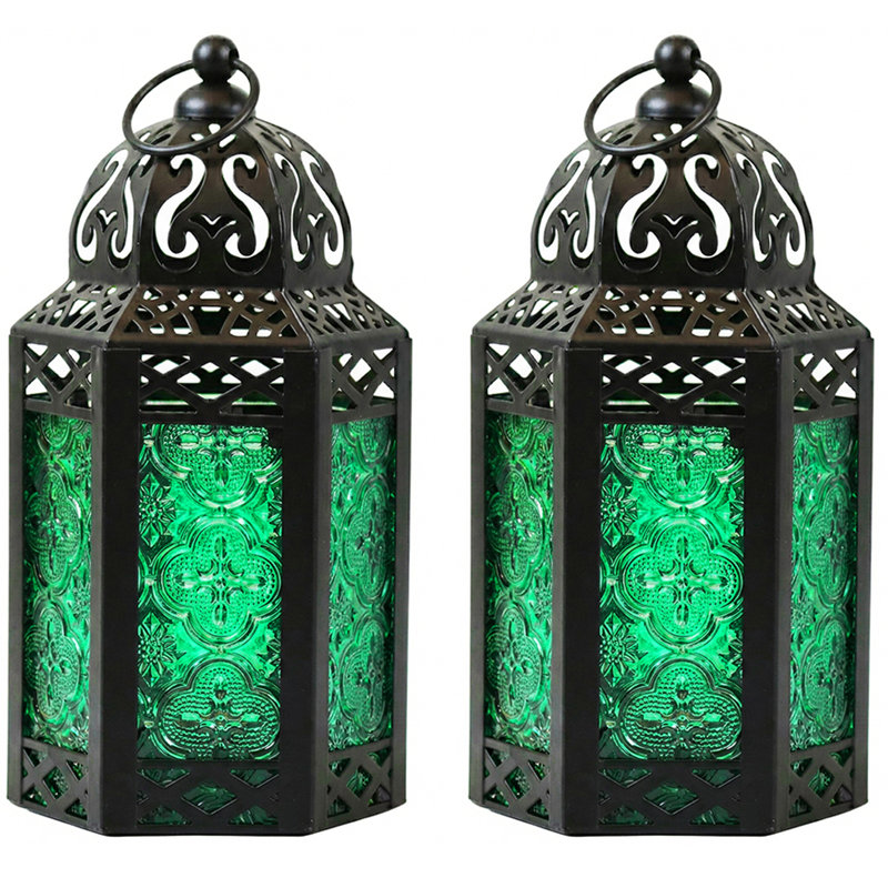 Moroccan Candle Lantern Decorative Candle Holder Lamp for Table or Hanging, Ramadan Decorations, Weddings, Indoor Home Decor, Outdoor Patio or Porch (Set of 2)