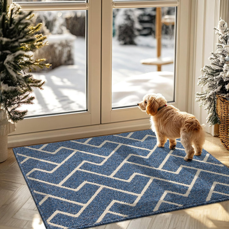 Seriah Non-Slip Geometric Indoor Doormat, Blue