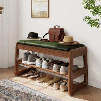 Banc à chaussures de rangement en bois massif avec options de coussins en cuir et lin